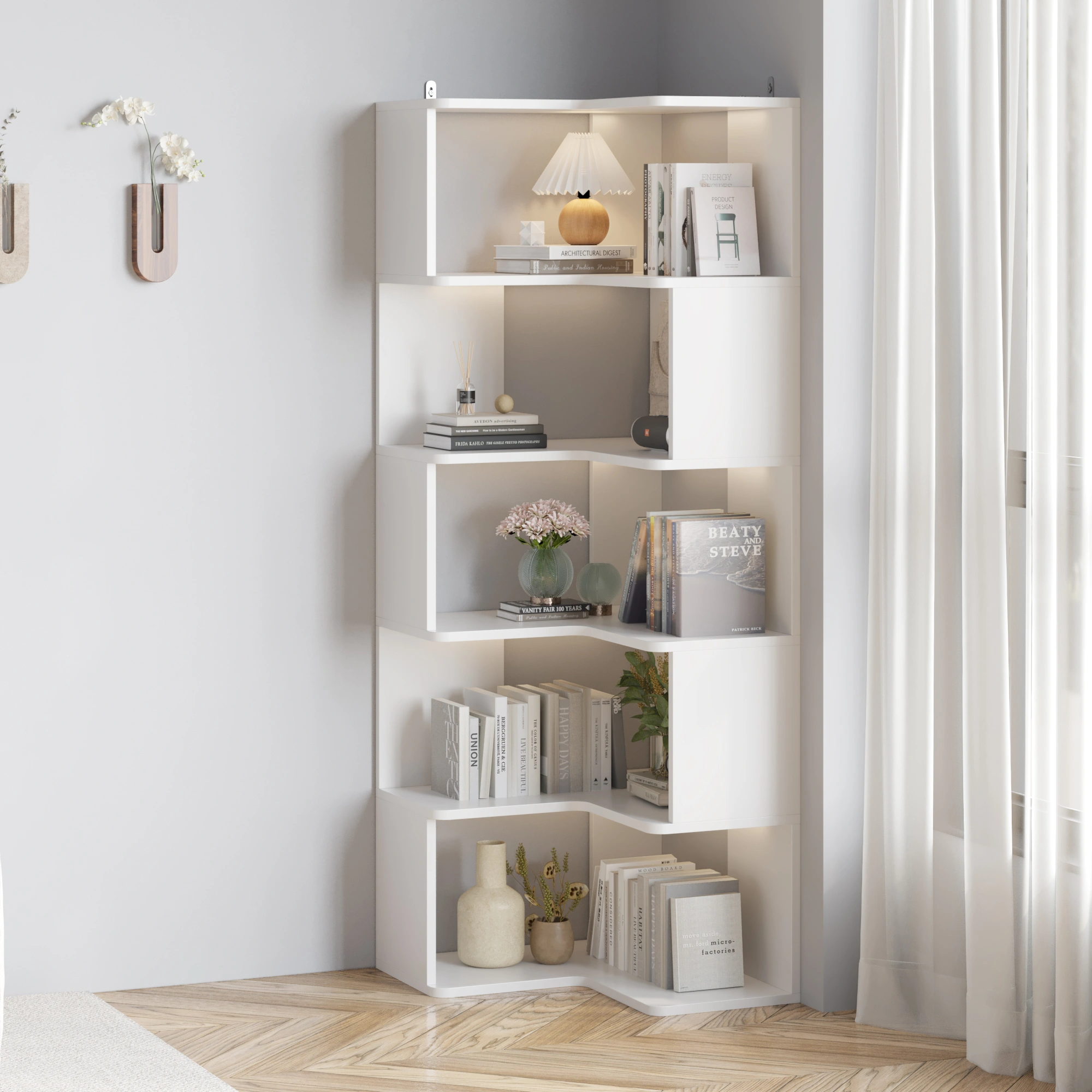 6-Tier L-Shaped Book Shelf, Industrial Storage Cabinet with Display Shelves for Home Office, Bedroom, Living Room & Kitchen, White