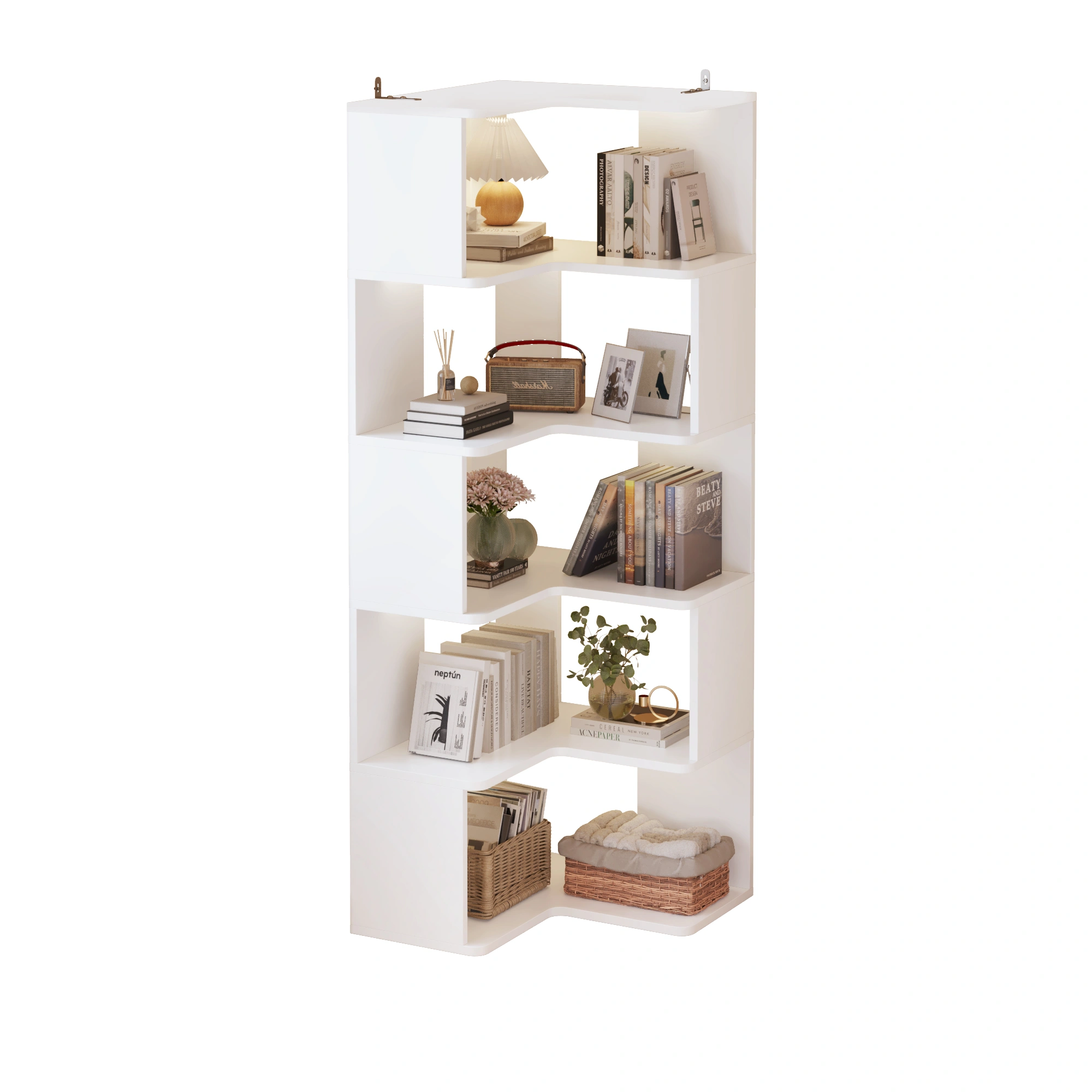 6-Tier L-Shaped Book Shelf, Industrial Storage Cabinet with Display Shelves for Home Office, Bedroom, Living Room & Kitchen, White view 2