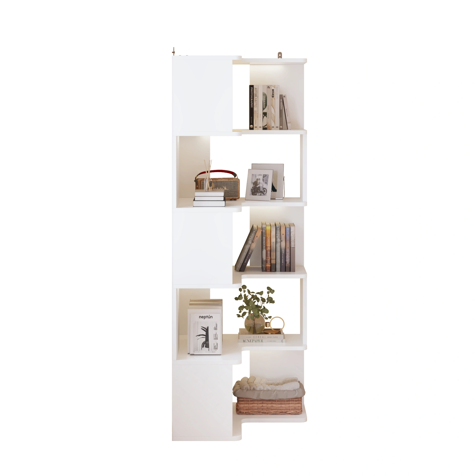 6-Tier L-Shaped Book Shelf, Industrial Storage Cabinet with Display Shelves for Home Office, Bedroom, Living Room & Kitchen, White view 3