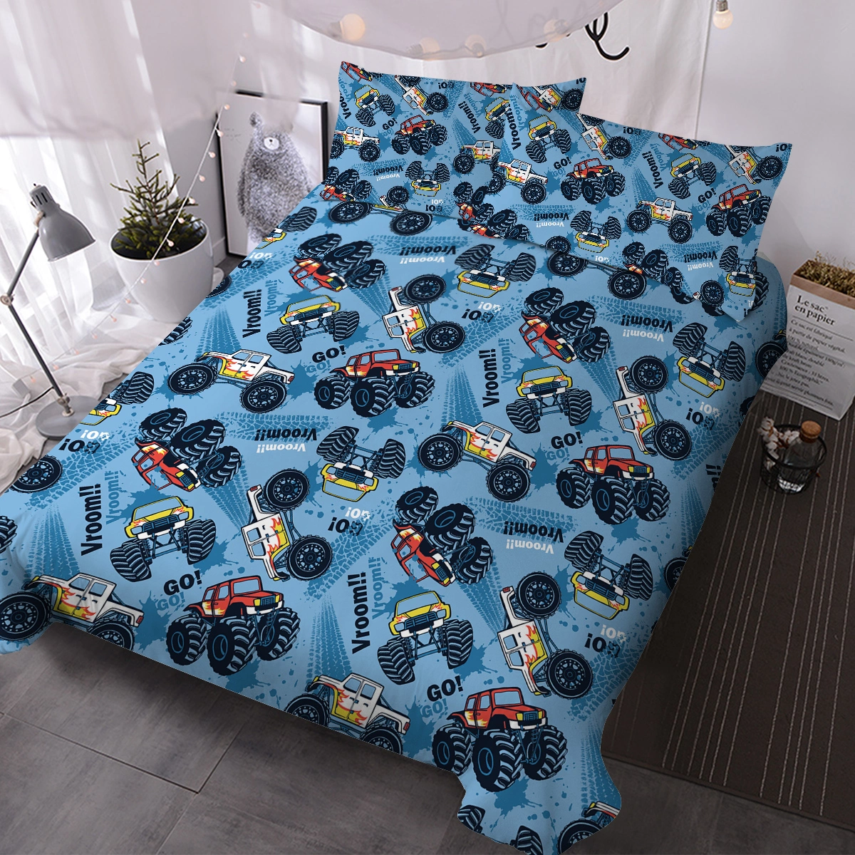 Kids Monster Truck Duvet Cover Set Double - 3-Piece Brushed Microfiber Bedding for Boys Teens, Cute Vehicle Print Quilt Cover