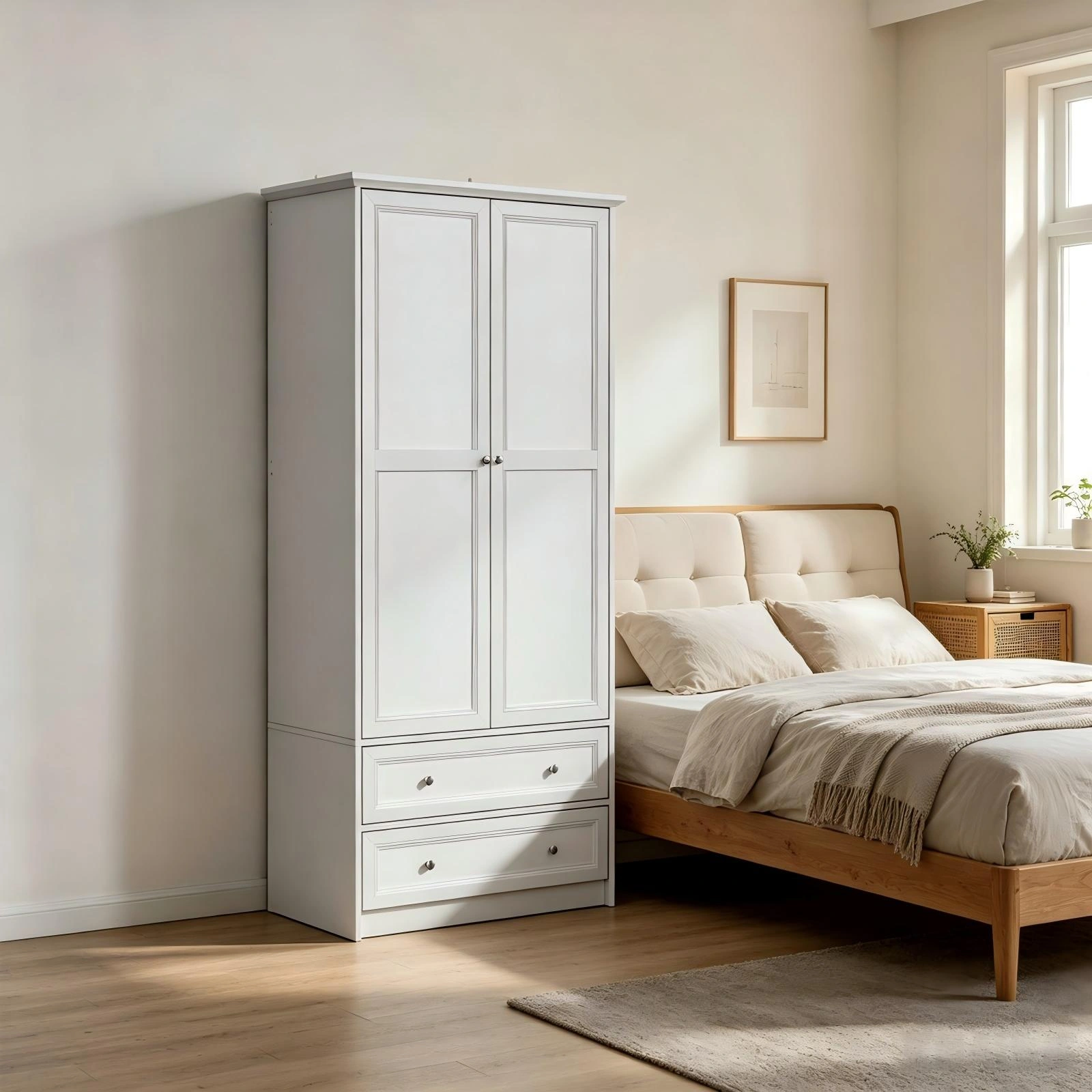 White Wardrobe Cabinet with 2 Doors 2 Drawers, Melamine Particleboard Storage Cupboard, 35.43x19.69x72.05 Inch view 6