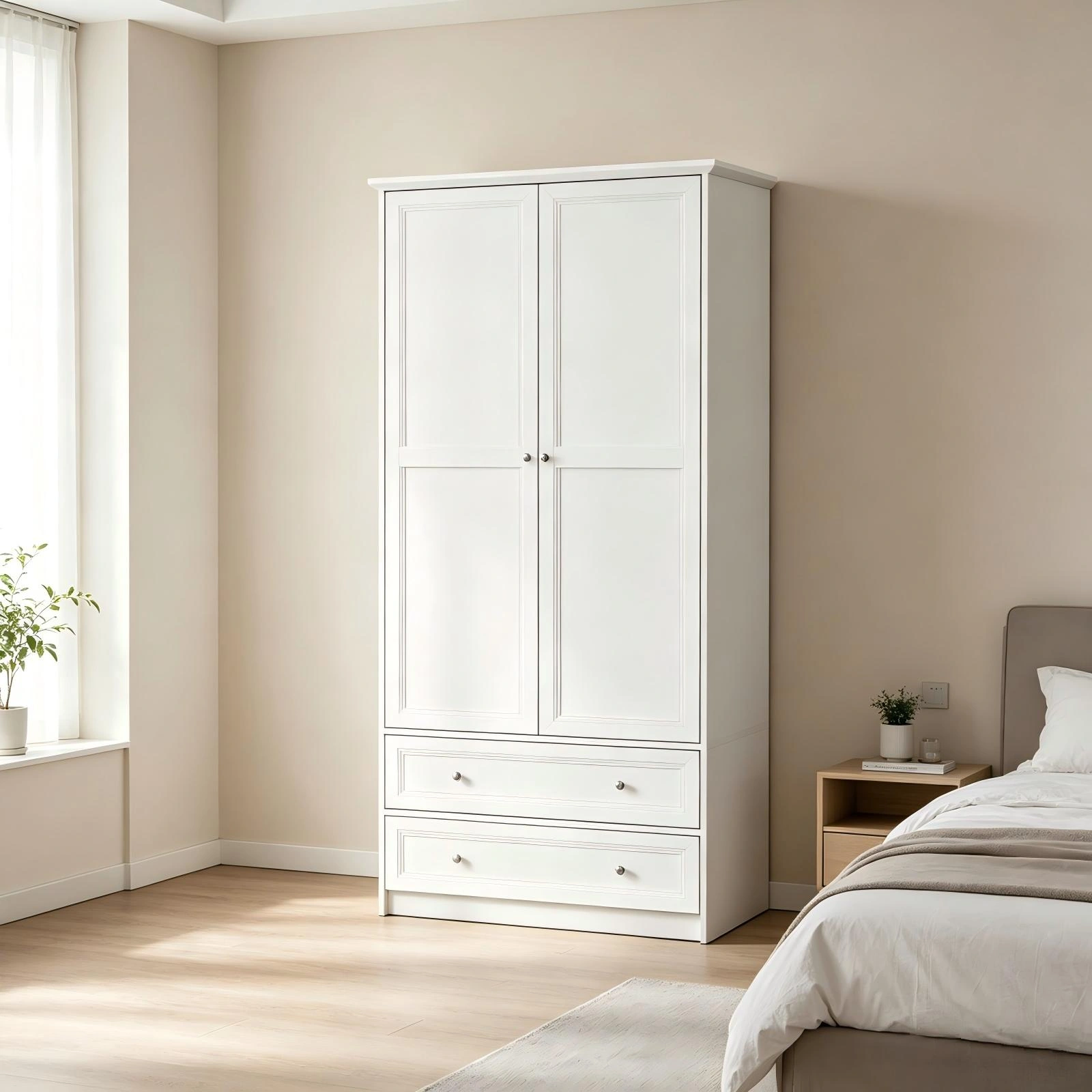 White Wardrobe Cabinet with 2 Doors 2 Drawers, Melamine Particleboard Storage Cupboard, 35.43x19.69x72.05 Inch view 7