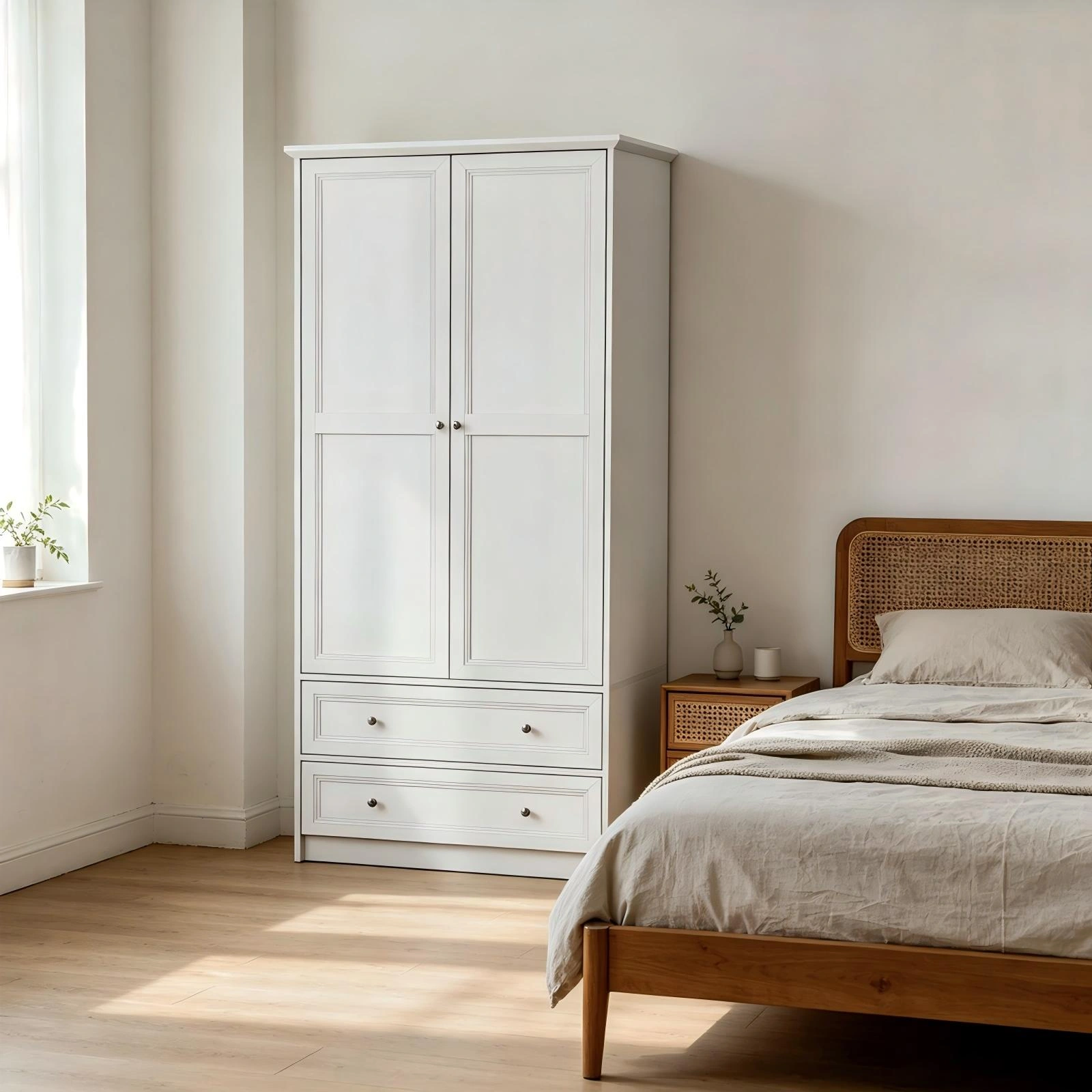 White Wardrobe Cabinet with 2 Doors 2 Drawers, Melamine Particleboard Storage Cupboard, 35.43x19.69x72.05 Inch view 8