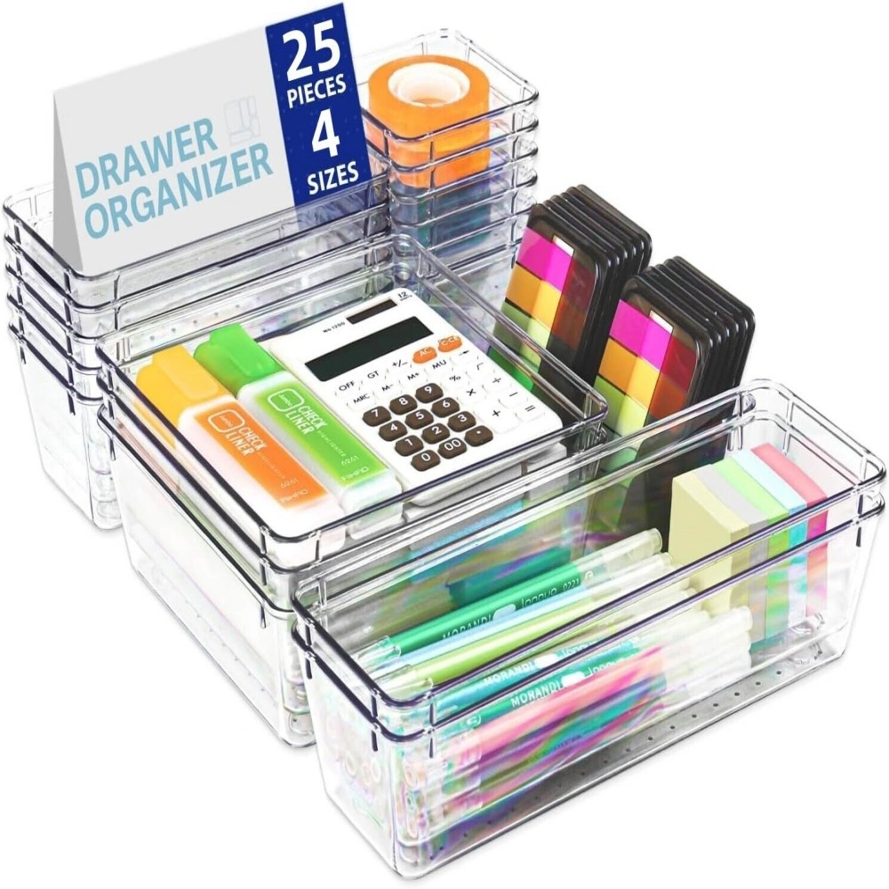 25Pcs Plastic Drawer Organizer Trays Desk Fridge Storage Box MakeUp Dividers