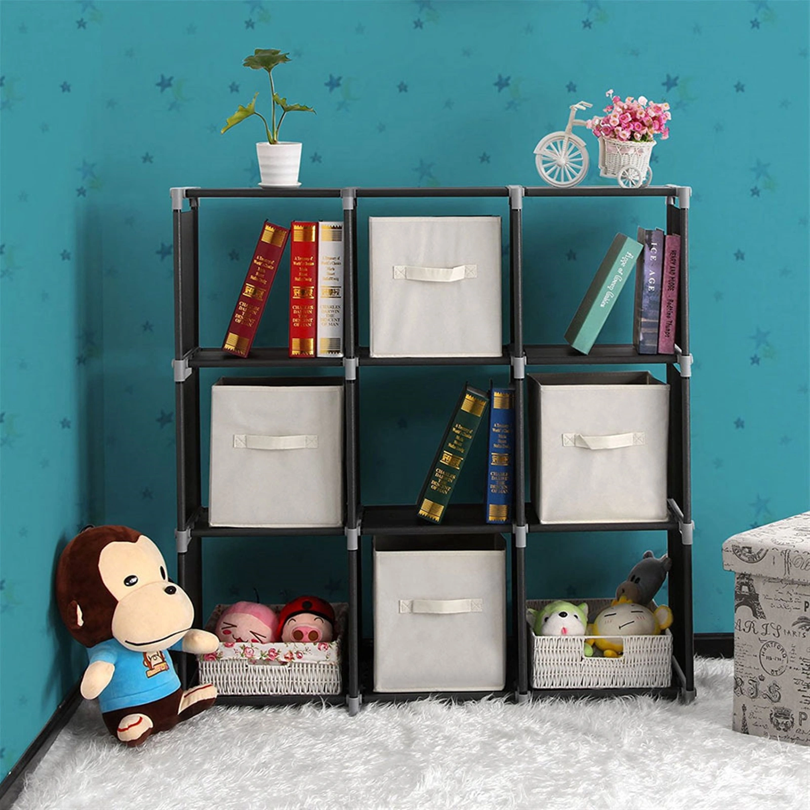 Multifunctional Assembled 3 Tiers 9 Compartments Storage Shelf Black view 4
