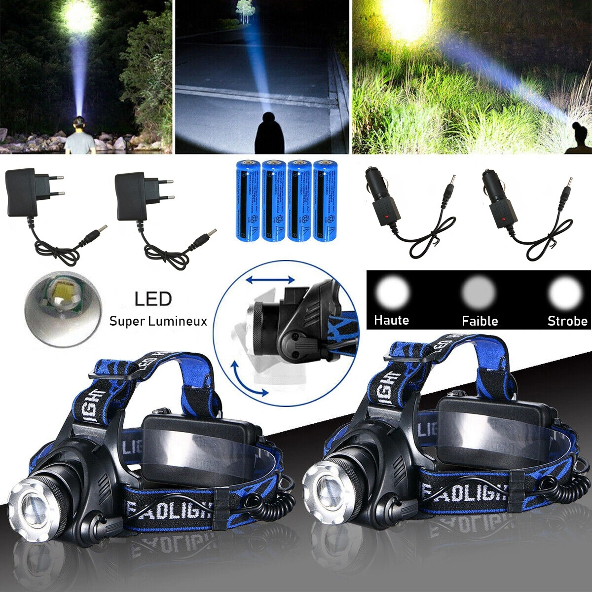 2 Pack Rechargeable LED Headlamp with Battery Charger Set for Camping Hiking Work Light