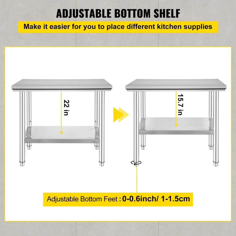 Stainless Steel Workbench 24x36x32 Heavy Duty Commercial Food Prep Table with Adjustable Feet view 2