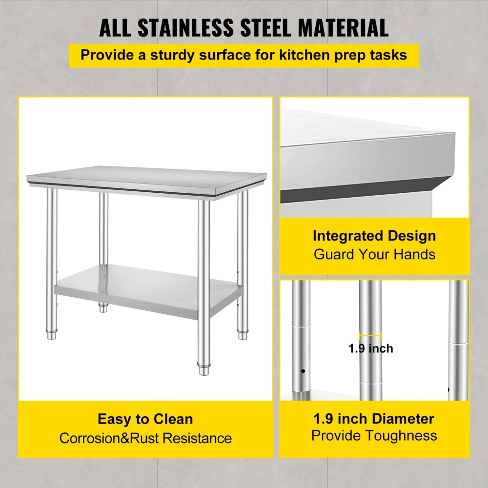 Stainless Steel Workbench 24x36x32 Heavy Duty Commercial Food Prep Table with Adjustable Feet view 3