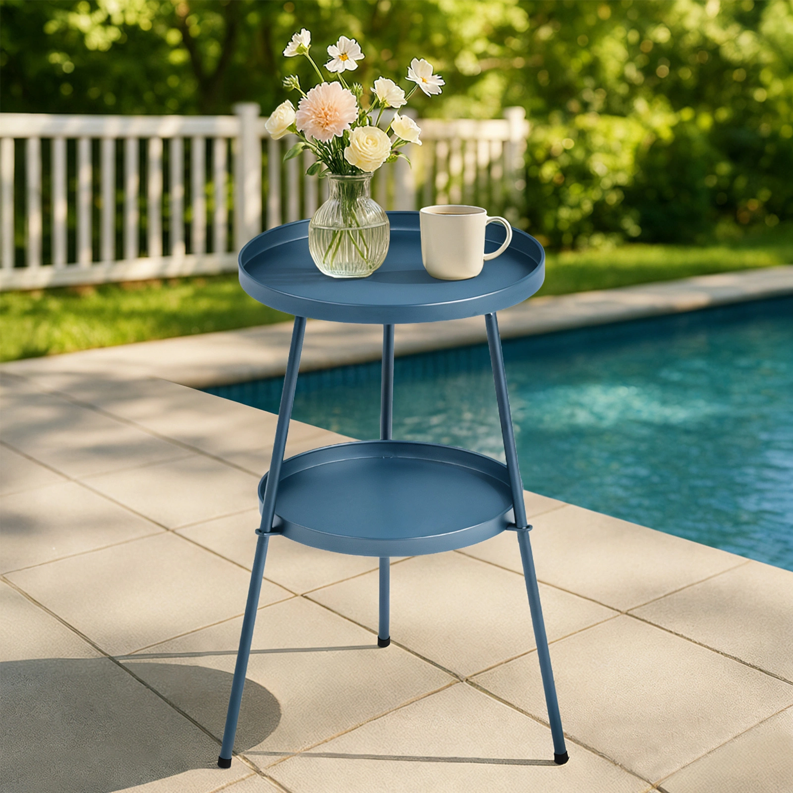 Patio Small Side Table, Round 2 Tier End Table, Metal Round Coffee Table for Indoor Outdoor, Navy Blue view 4
