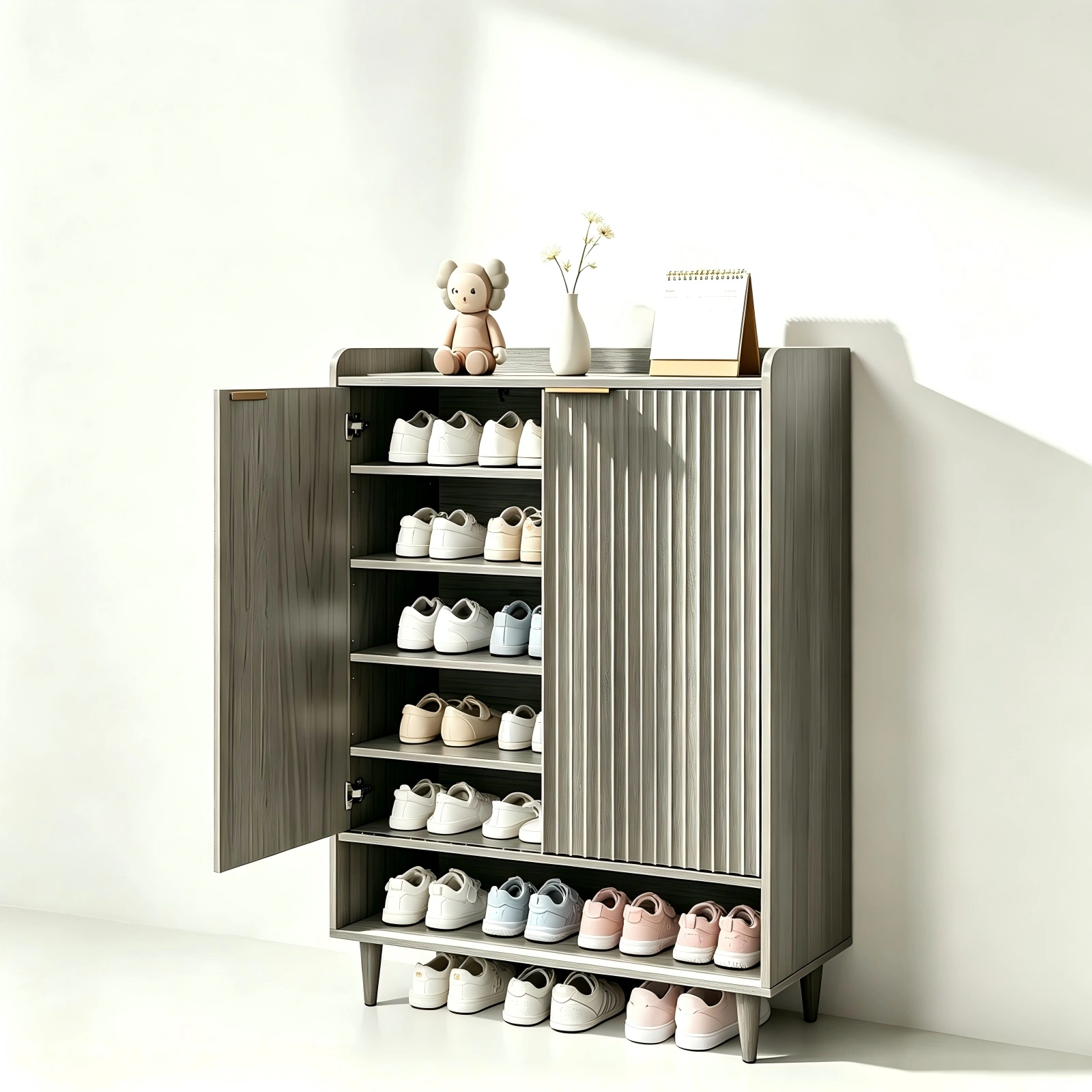 (Do Not Sale on Amazon)2 Cabinet Doors with Top Railing and 1 Row of Shelves for Shoe Cabinets Melamine Board + MDF Conical Leg Grille Shoe Cabinet 31.61*14.17*41.97in Grey Oak view 4