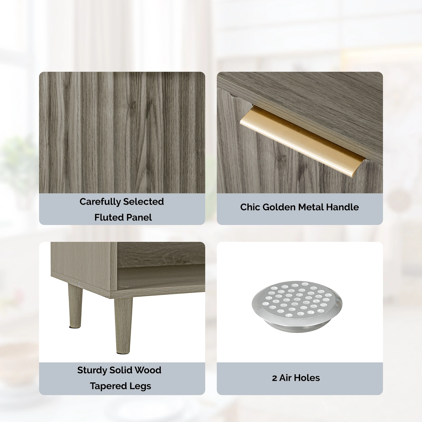 (Do Not Sale on Amazon)2 Cabinet Doors with Top Railing and 1 Row of Shelves for Shoe Cabinets Melamine Board + MDF Conical Leg Grille Shoe Cabinet 31.61*14.17*41.97in Grey Oak view 6