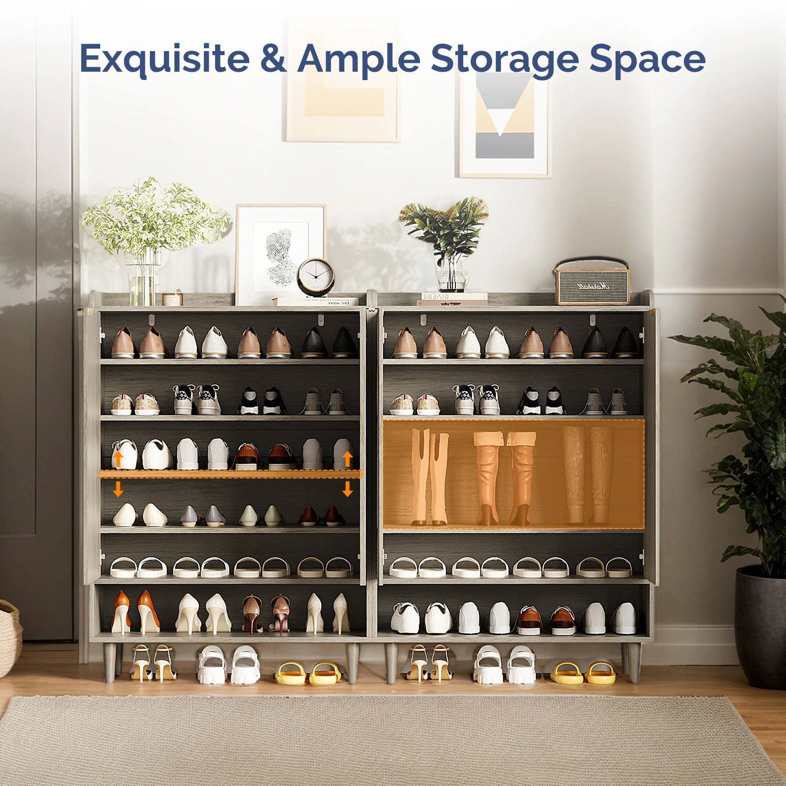 (Do Not Sale on Amazon)2 Cabinet Doors with Top Railing and 1 Row of Shelves for Shoe Cabinets Melamine Board + MDF Conical Leg Grille Shoe Cabinet 31.61*14.17*41.97in Grey Oak view 7