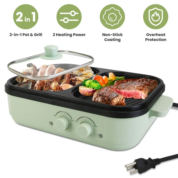 2-in-1 Electric Hot Pot & Grill Combo, Dual Separate Temperature Control, Non-Stick Die-Cast Aluminum, Overheat Protection, 33.82OZ Hot Pot 6.76OZ Grill, Portable for 1-2 People, Home Dorm Indoor BBQ view 2