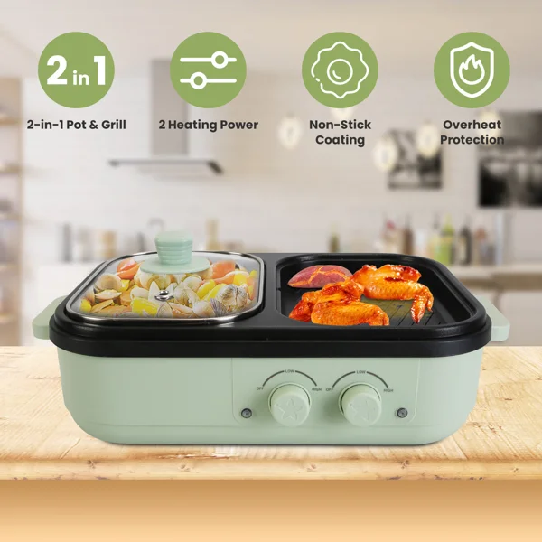 2-in-1 Electric Hot Pot & Grill Combo, Dual Separate Temperature Control, Non-Stick Die-Cast Aluminum, Overheat Protection, 33.82OZ Hot Pot 6.76OZ Grill, Portable for 1-2 People, Home Dorm Indoor BBQ view 3