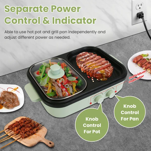 2-in-1 Electric Hot Pot & Grill Combo, Dual Separate Temperature Control, Non-Stick Die-Cast Aluminum, Overheat Protection, 33.82OZ Hot Pot 6.76OZ Grill, Portable for 1-2 People, Home Dorm Indoor BBQ view 4