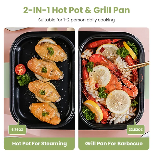 2-in-1 Electric Hot Pot & Grill Combo, Dual Separate Temperature Control, Non-Stick Die-Cast Aluminum, Overheat Protection, 33.82OZ Hot Pot 6.76OZ Grill, Portable for 1-2 People, Home Dorm Indoor BBQ view 5