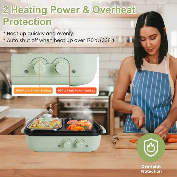 2-in-1 Electric Hot Pot & Grill Combo, Dual Separate Temperature Control, Non-Stick Die-Cast Aluminum, Overheat Protection, 33.82OZ Hot Pot 6.76OZ Grill, Portable for 1-2 People, Home Dorm Indoor BBQ view 6