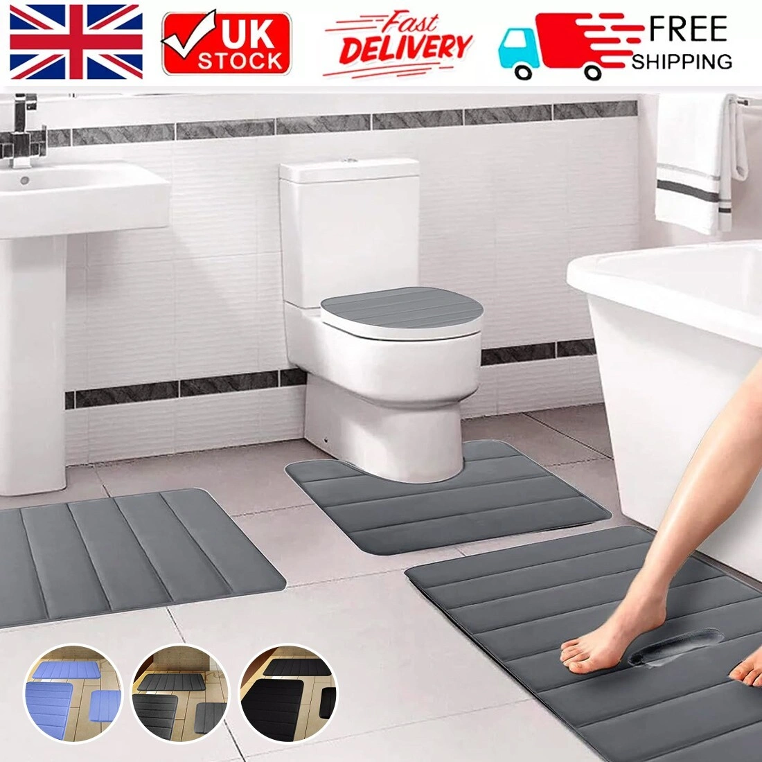 Memory Foam Bath Mat & Pedestal Set Non-Slip Toilet Contour Rugs 3 Piece Bathroom-Grey