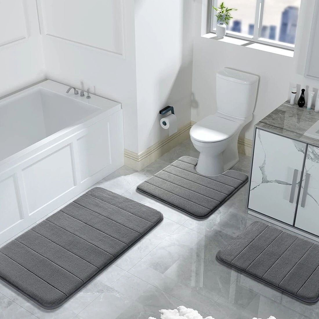 Memory Foam Bath Mat & Pedestal Set Non-Slip Toilet Contour Rugs 3 Piece Bathroom-Grey view 5