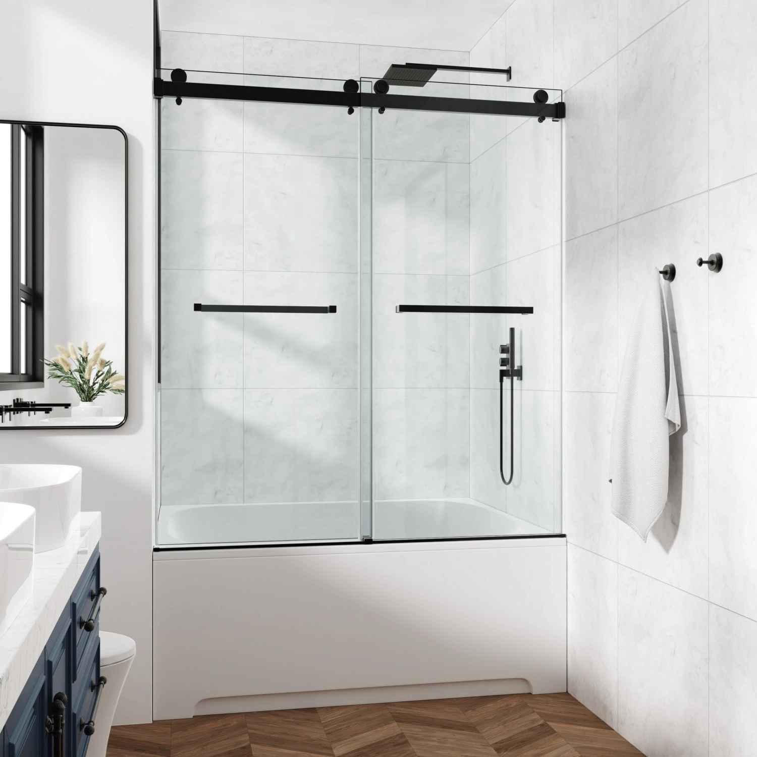 Frameless Double Sliding Shower Door 60x76", 3/8" (10mm) SGCC Tempered Glass, Stainless Steel