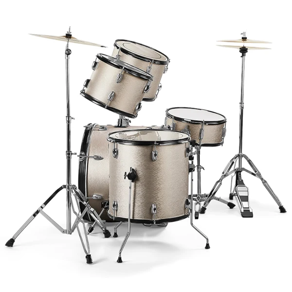 Full Size Adult Drum Set 5-Piece Silver with Bass Drum, two Tom Drum, Snare Drum, Floor Tom, 16" Ride Cymbal, 14" Hi-hat Cymbals, Stool, Drum Pedal, Sticks view 3