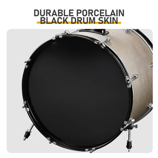 Full Size Adult Drum Set 5-Piece Silver with Bass Drum, two Tom Drum, Snare Drum, Floor Tom, 16" Ride Cymbal, 14" Hi-hat Cymbals, Stool, Drum Pedal, Sticks view 5