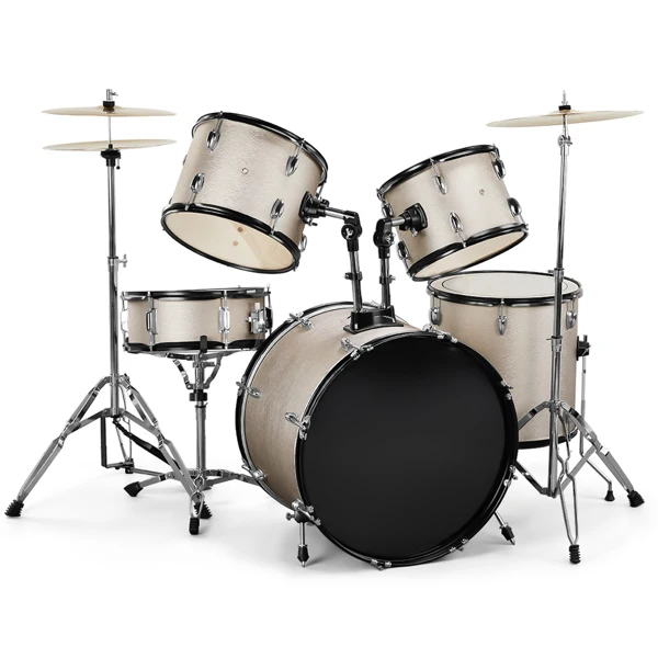 Full Size Adult Drum Set 5-Piece Silver with Bass Drum, two Tom Drum, Snare Drum, Floor Tom, 16" Ride Cymbal, 14" Hi-hat Cymbals, Stool, Drum Pedal, Sticks