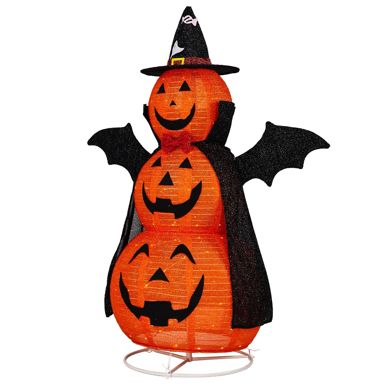 5ft Orange 3-Tier Retractable Fabric Pumpkin Halloween Light Decor with Cape & Wings, 130 Warm White LED String Lights, 4.5V 3.6W