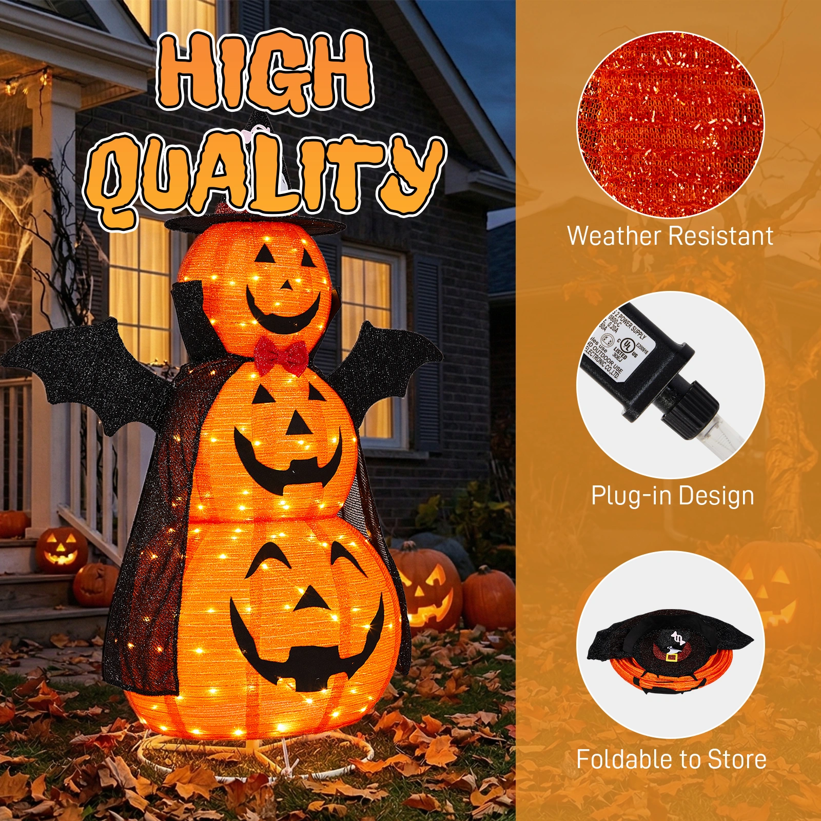 5ft Orange 3-Tier Retractable Fabric Pumpkin Halloween Light Decor with Cape & Wings, 130 Warm White LED String Lights, 4.5V 3.6W view 10