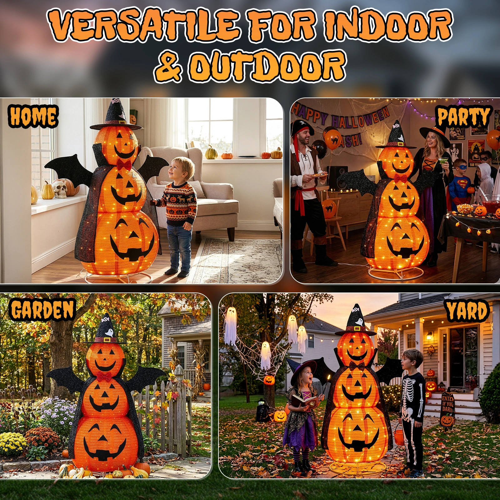 5ft Orange 3-Tier Retractable Fabric Pumpkin Halloween Light Decor with Cape & Wings, 130 Warm White LED String Lights, 4.5V 3.6W view 5