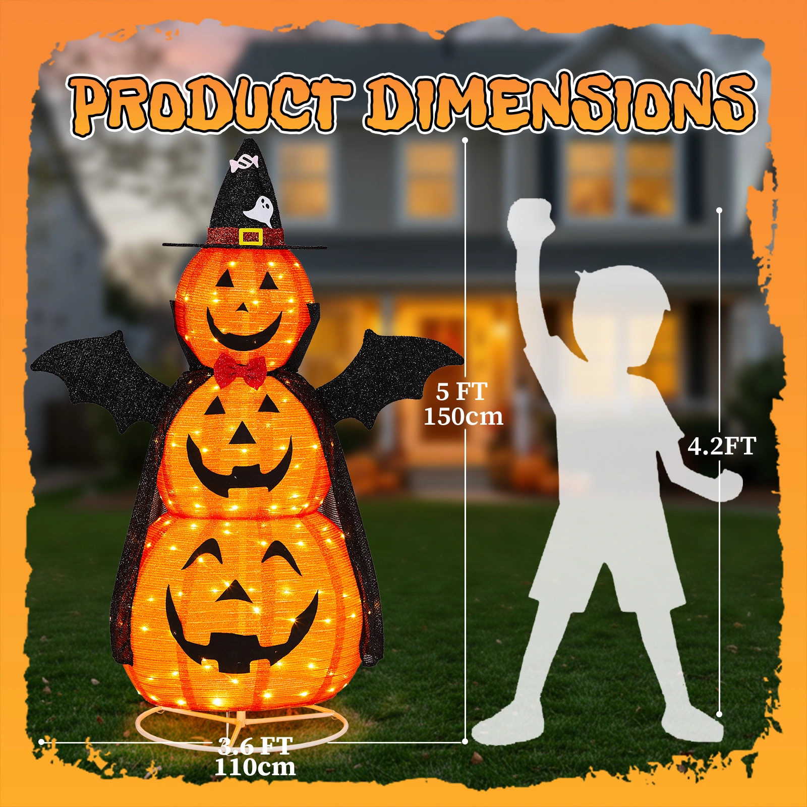 5ft Orange 3-Tier Retractable Fabric Pumpkin Halloween Light Decor with Cape & Wings, 130 Warm White LED String Lights, 4.5V 3.6W view 6