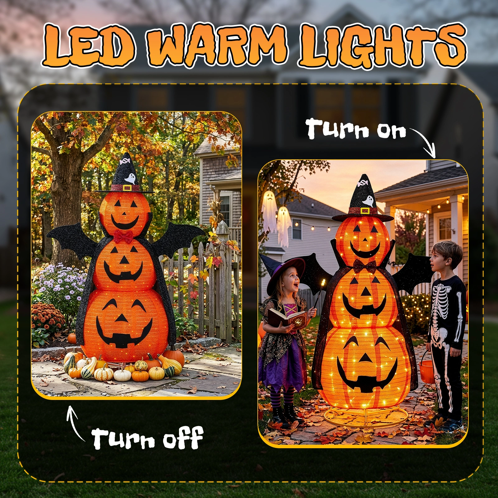 5ft Orange 3-Tier Retractable Fabric Pumpkin Halloween Light Decor with Cape & Wings, 130 Warm White LED String Lights, 4.5V 3.6W view 7