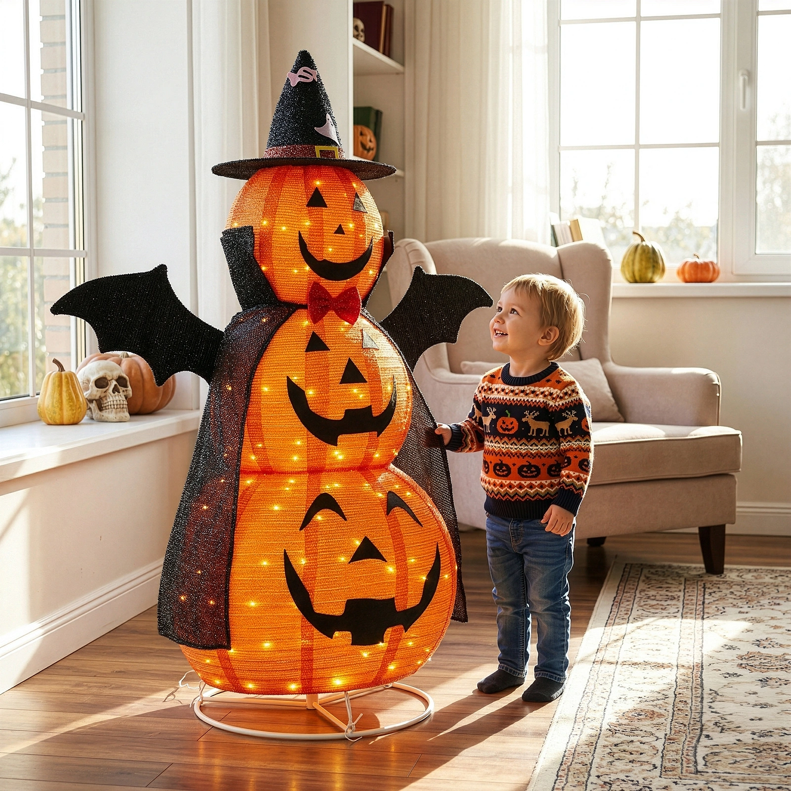 5ft Orange 3-Tier Retractable Fabric Pumpkin Halloween Light Decor with Cape & Wings, 130 Warm White LED String Lights, 4.5V 3.6W view 8