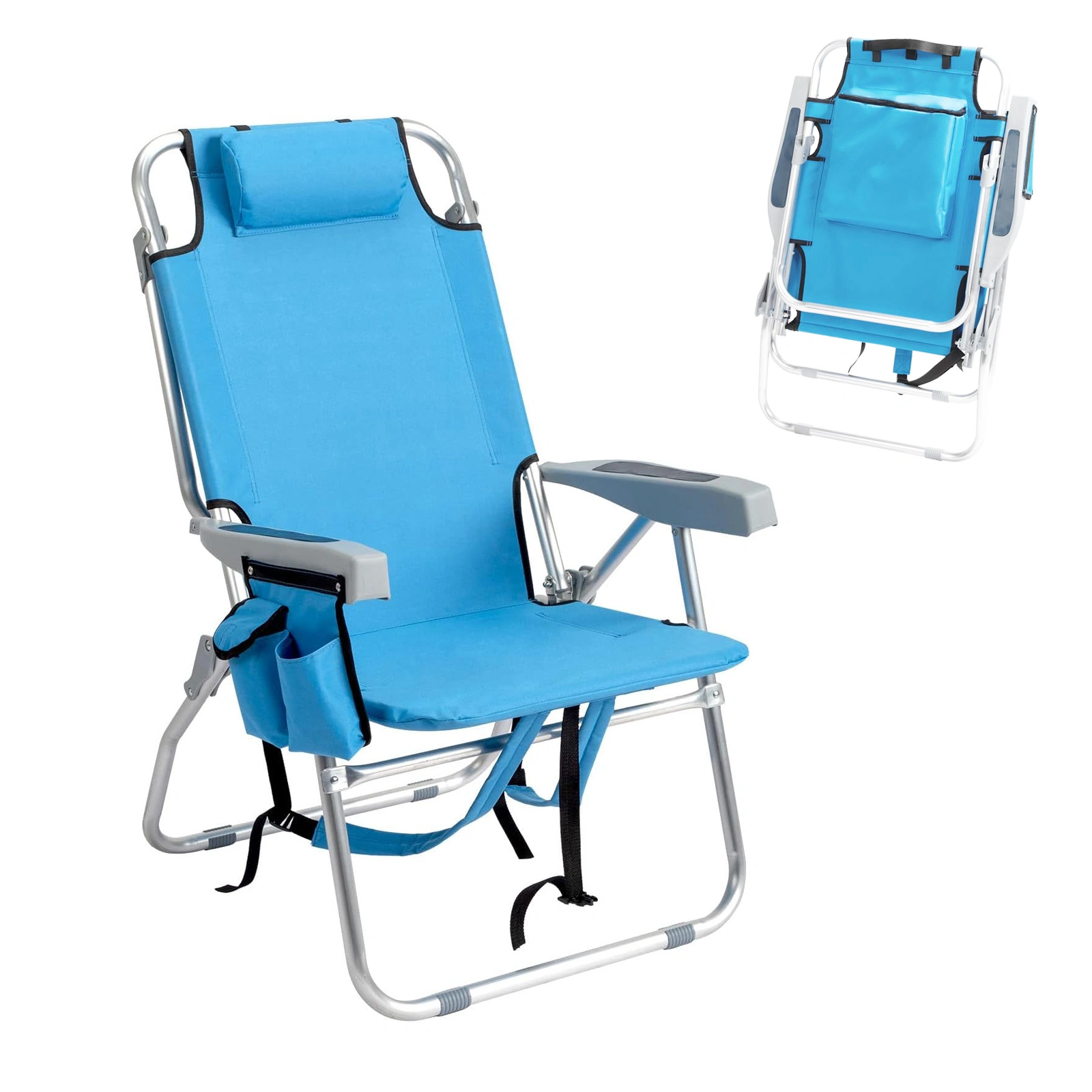 5-Position Adjustable Backpack Beach Chair with Storage Bag, Cooler Pouch & Side Bags - Ideal for Beach, Pool, Lawn