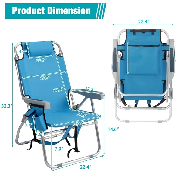 5-Position Adjustable Backpack Beach Chair with Storage Bag, Cooler Pouch & Side Bags - Ideal for Beach, Pool, Lawn view 3