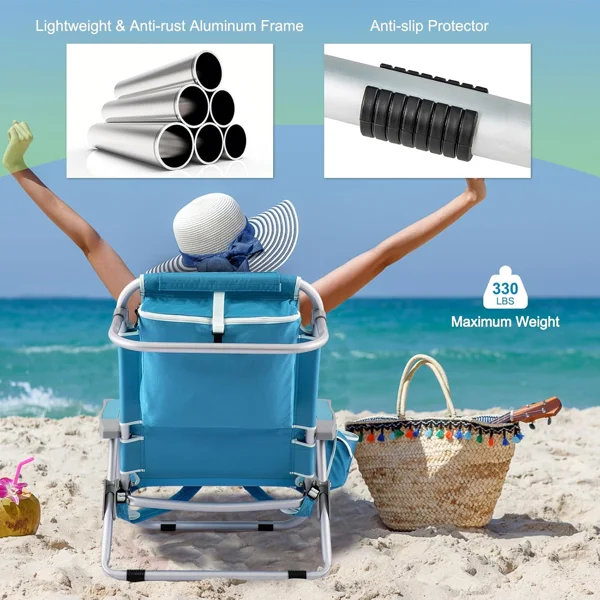5-Position Adjustable Backpack Beach Chair with Storage Bag, Cooler Pouch & Side Bags - Ideal for Beach, Pool, Lawn view 5