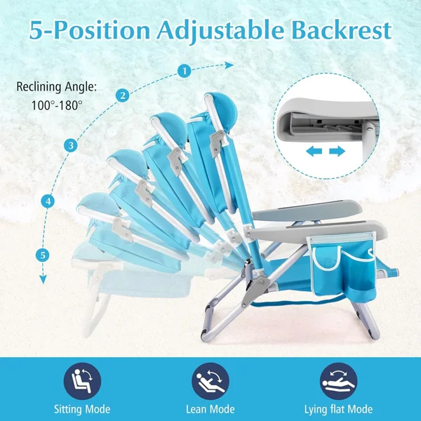 5-Position Adjustable Backpack Beach Chair with Storage Bag, Cooler Pouch & Side Bags - Ideal for Beach, Pool, Lawn view 6
