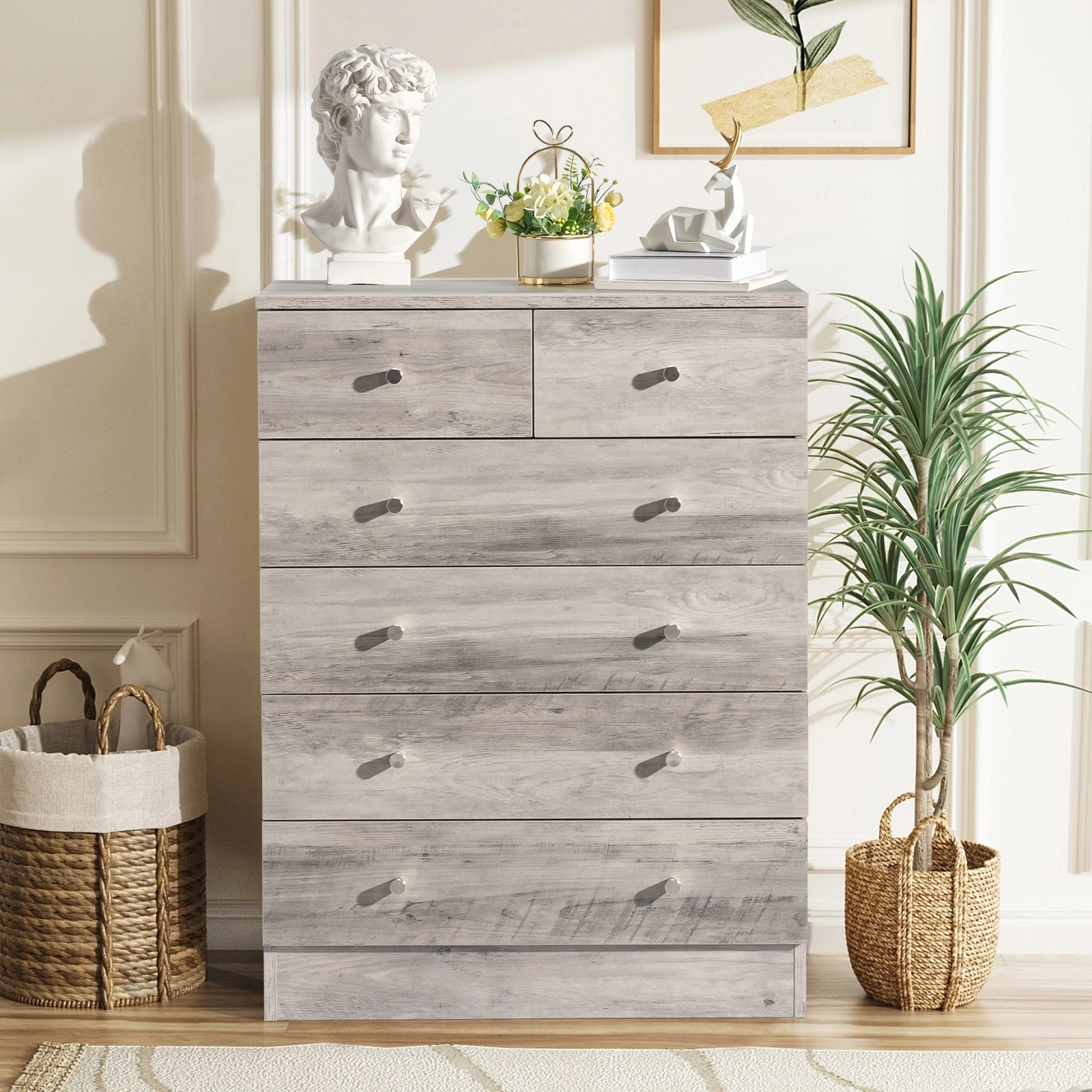 5-Tier Storage Cabinet with 6 Drawers, Gray Dresser with Gold Handles, 25.98"L x 12.99"W x 35.04"H Space-Saving Organizer