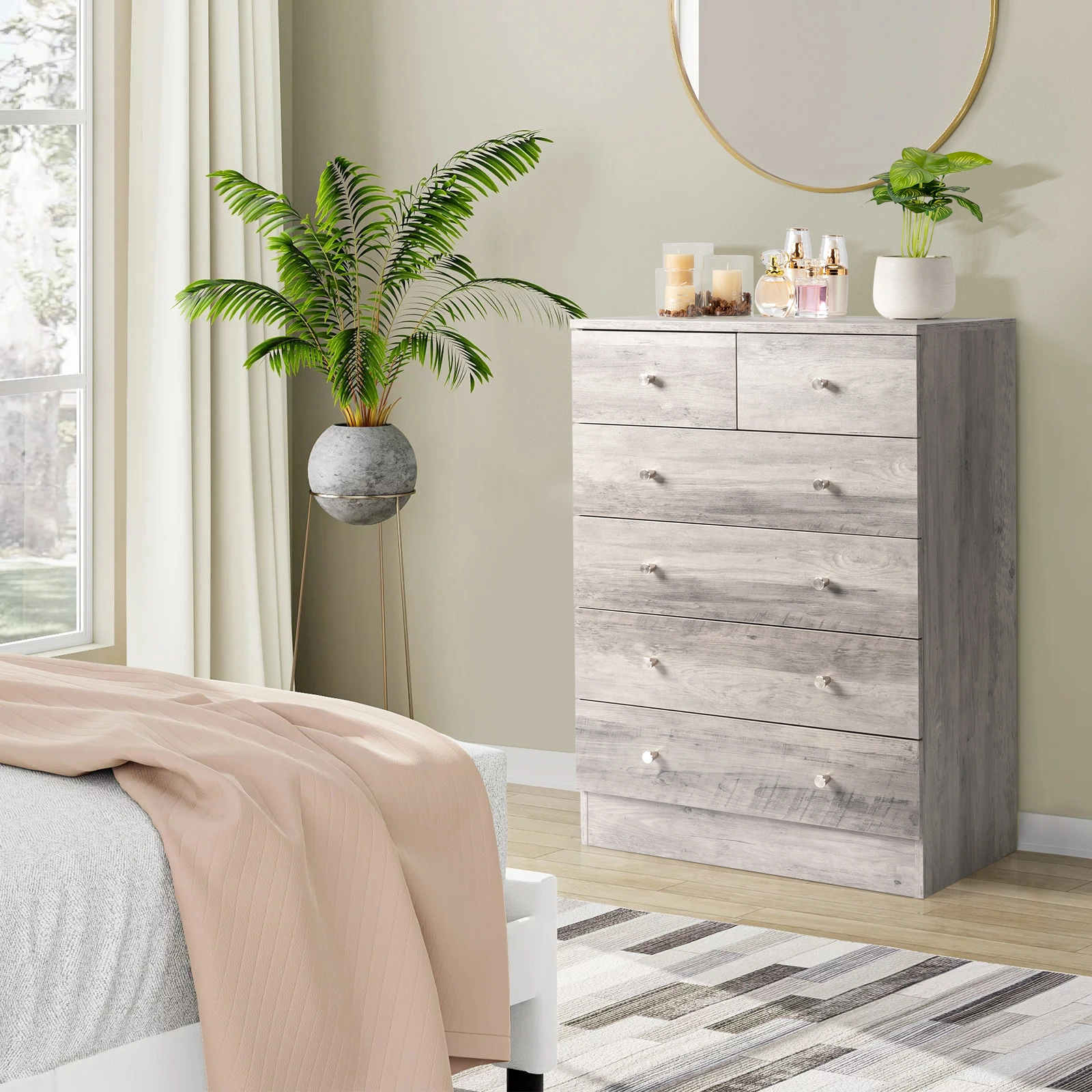 5-Tier Storage Cabinet with 6 Drawers, Gray Dresser with Gold Handles, 25.98"L x 12.99"W x 35.04"H Space-Saving Organizer view 11