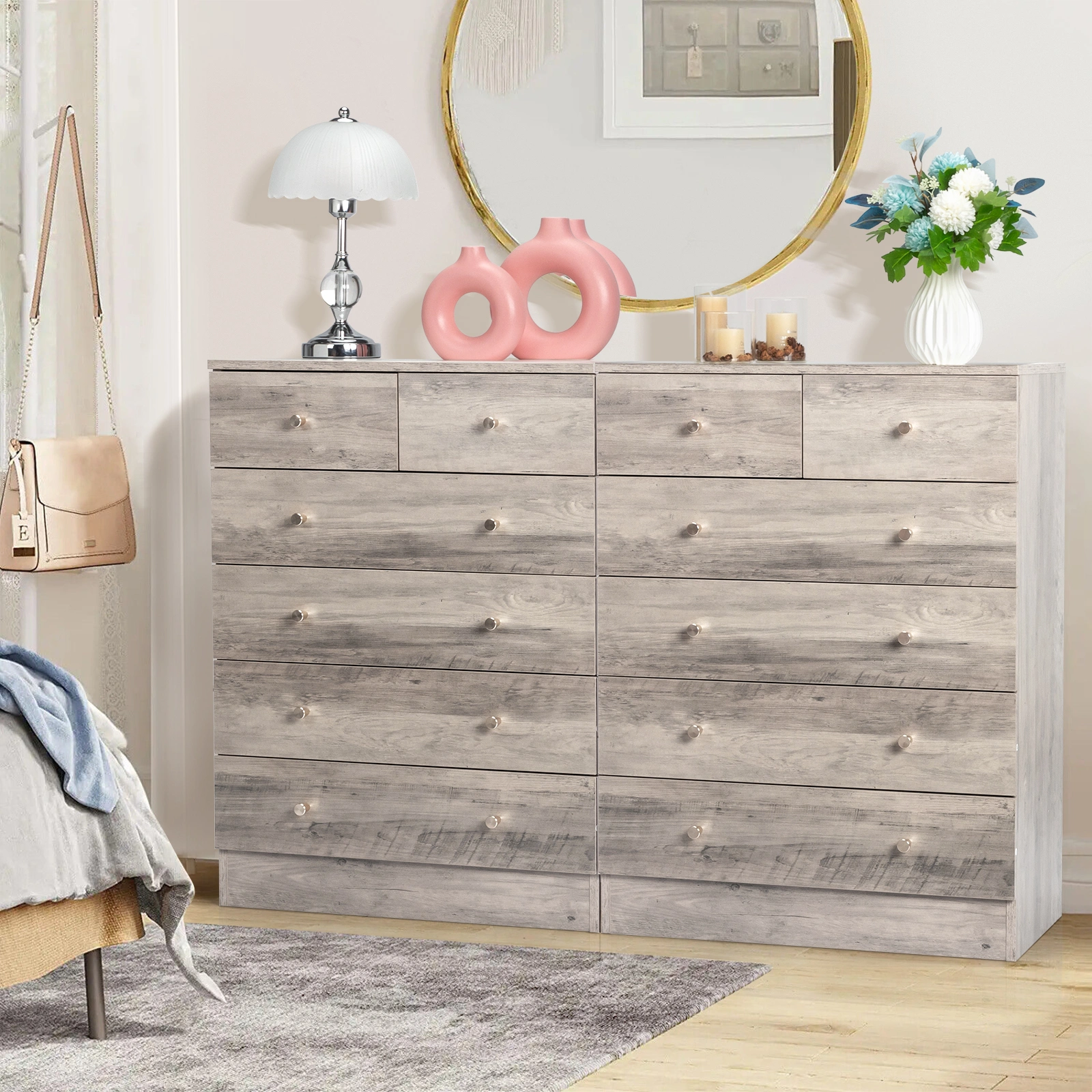5-Tier Storage Cabinet with 6 Drawers, Gray Dresser with Gold Handles, 25.98"L x 12.99"W x 35.04"H Space-Saving Organizer view 12
