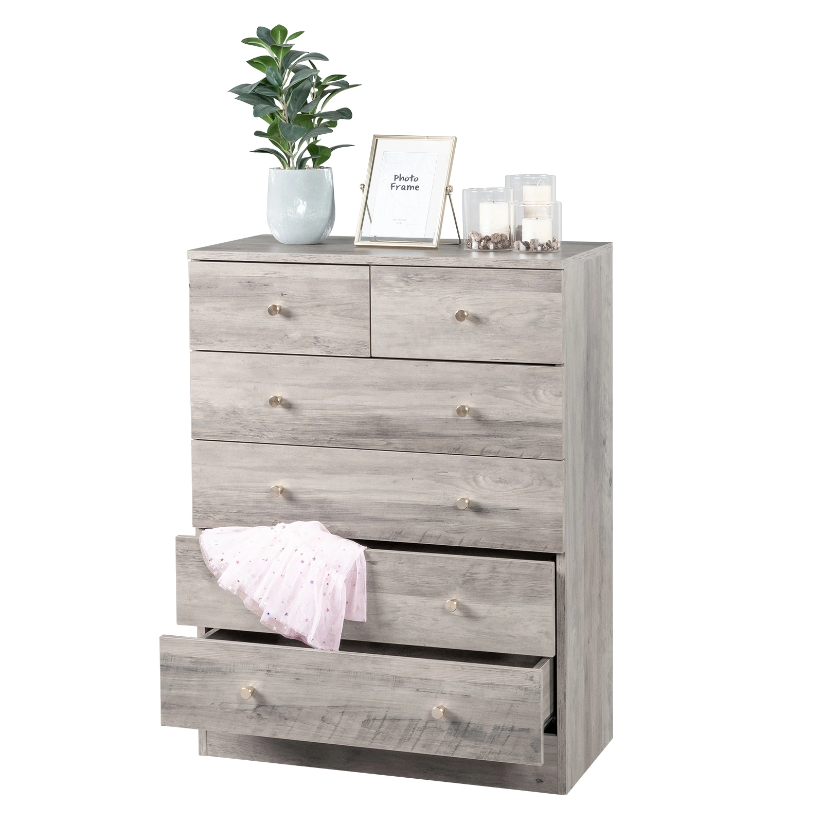 5-Tier Storage Cabinet with 6 Drawers, Gray Dresser with Gold Handles, 25.98"L x 12.99"W x 35.04"H Space-Saving Organizer view 5