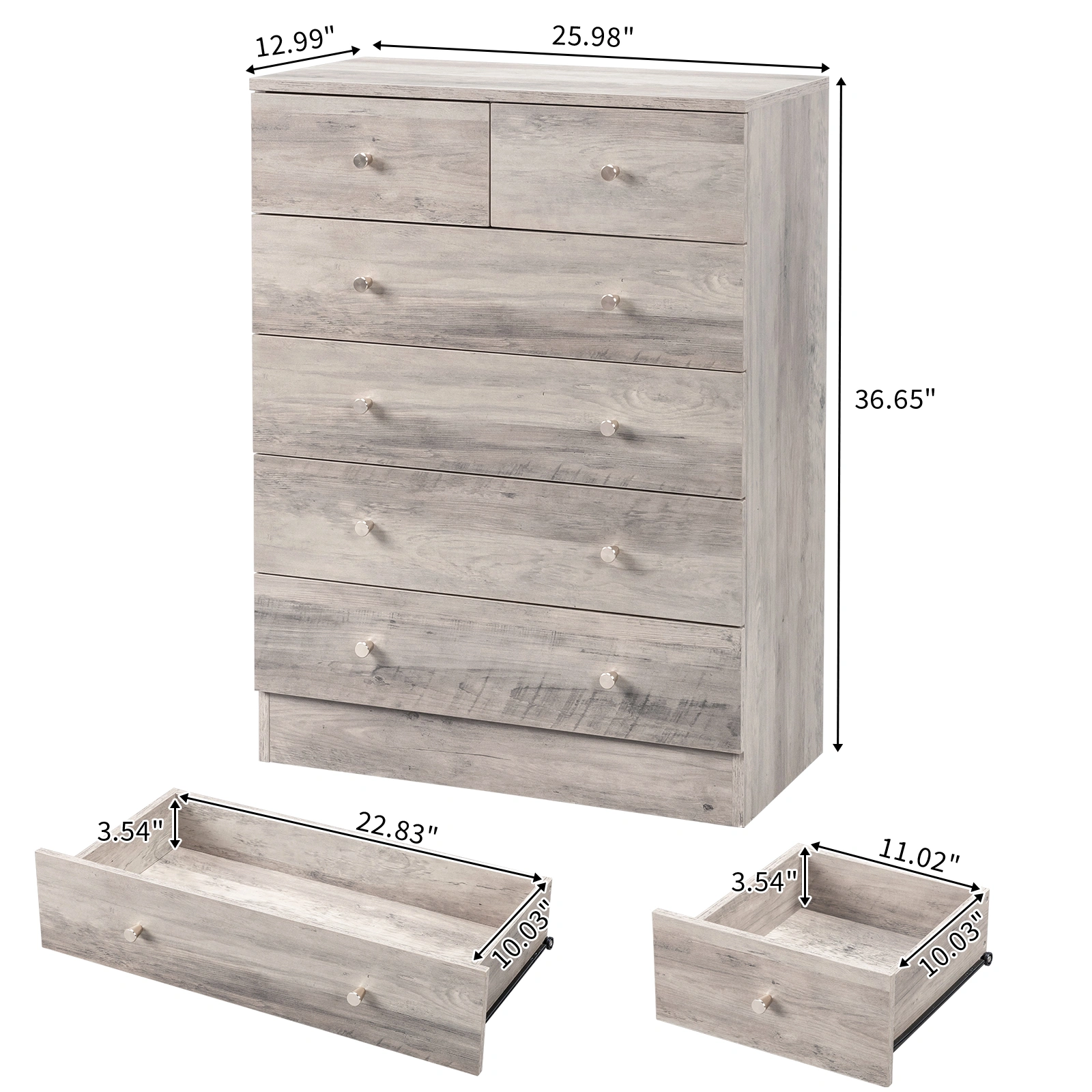 5-Tier Storage Cabinet with 6 Drawers, Gray Dresser with Gold Handles, 25.98"L x 12.99"W x 35.04"H Space-Saving Organizer view 6