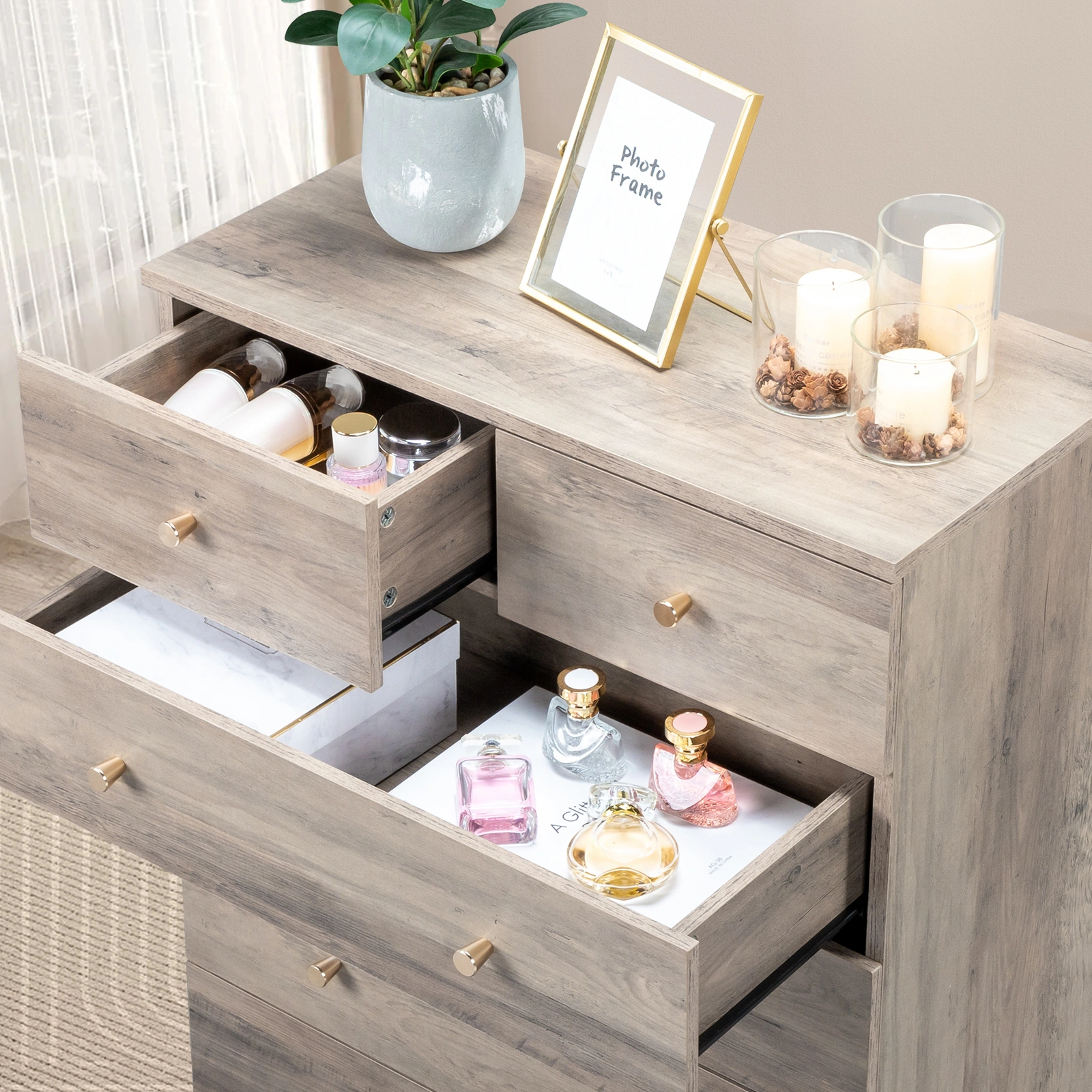 5-Tier Storage Cabinet with 6 Drawers, Gray Dresser with Gold Handles, 25.98"L x 12.99"W x 35.04"H Space-Saving Organizer view 7