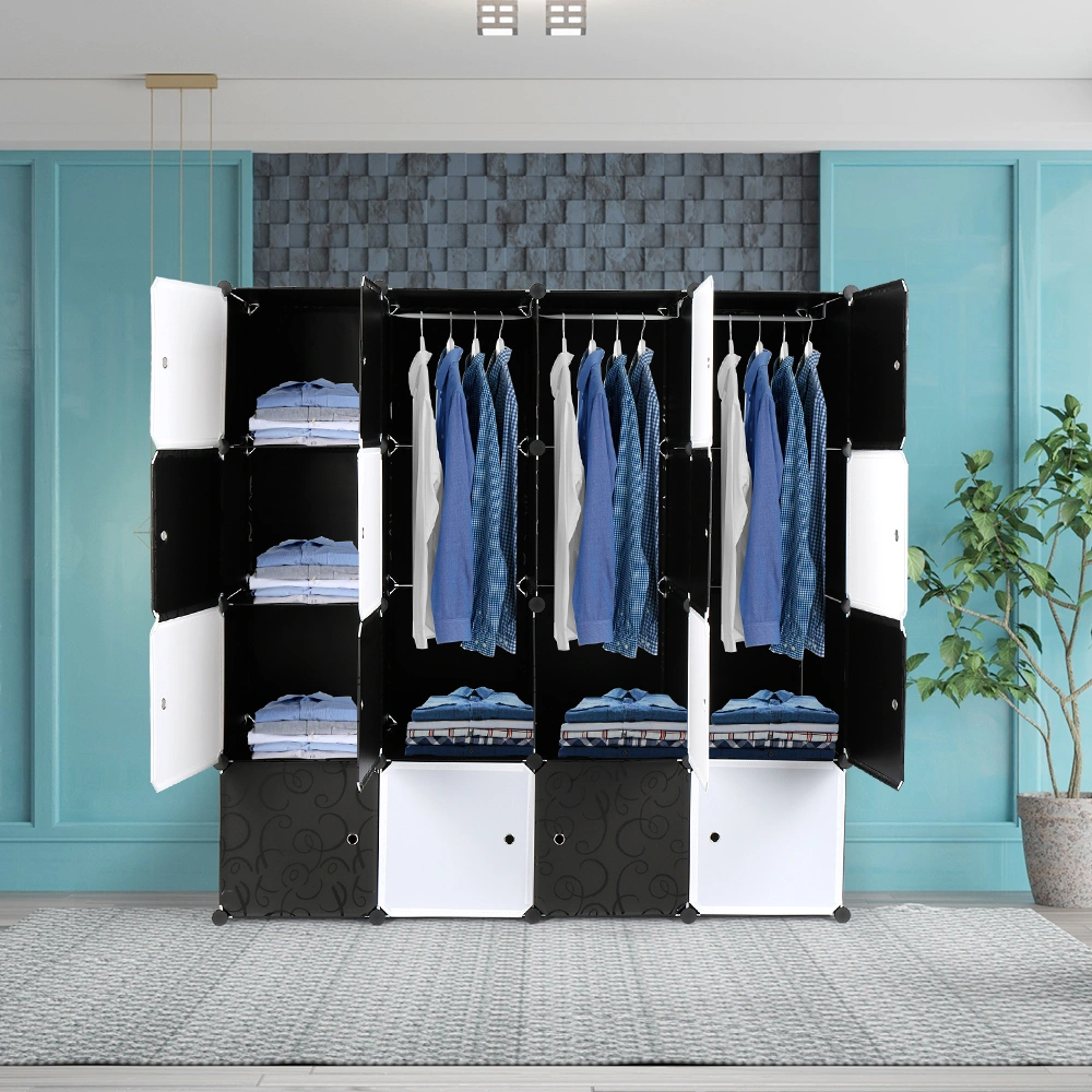 16-Cube Organizer Stackable Plastic Storage Shelves, Modular Cube Closet Cabinet with Hanging Rod, Black & White