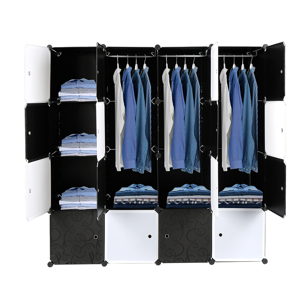 16-Cube Organizer Stackable Plastic Storage Shelves, Modular Cube Closet Cabinet with Hanging Rod, Black & White view 2