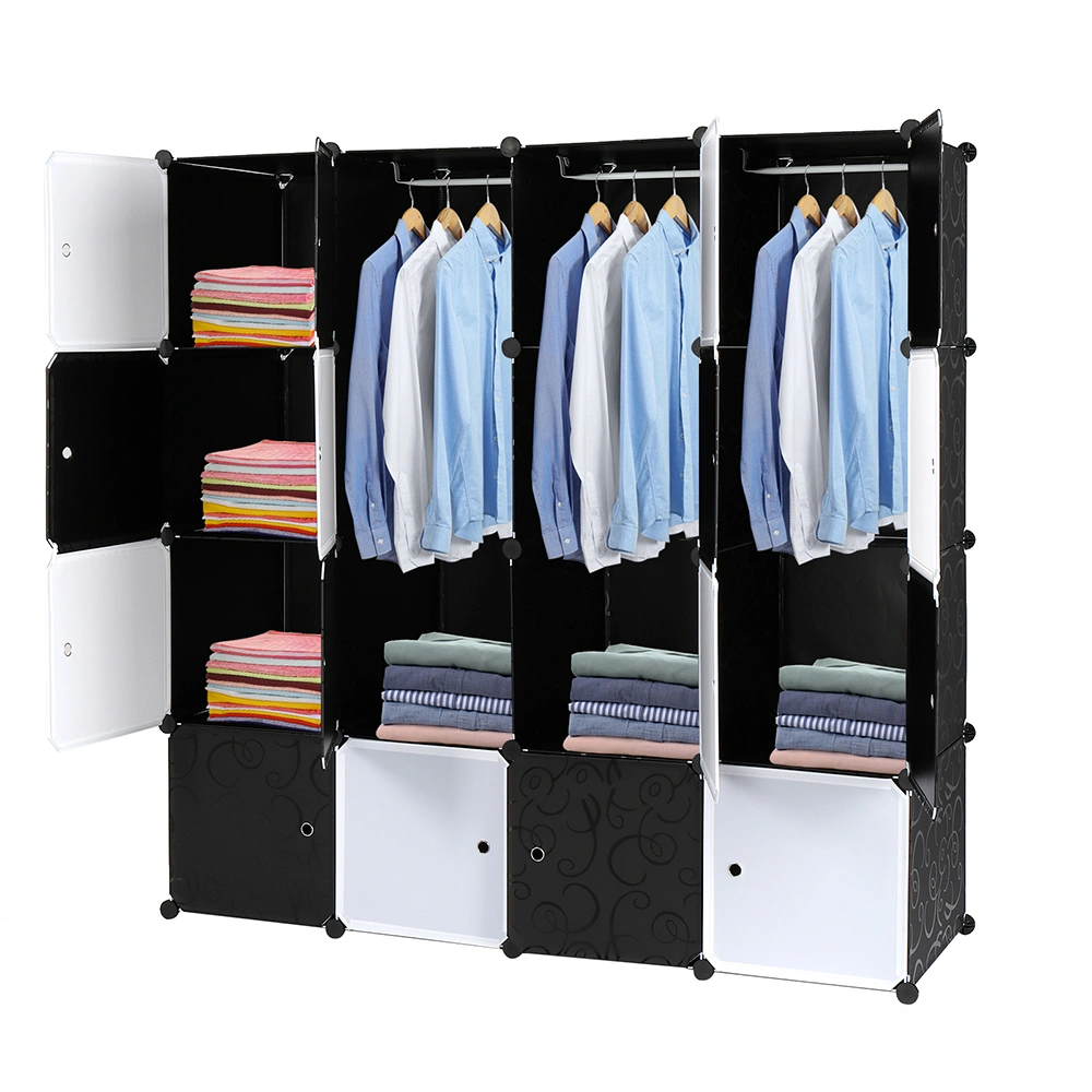 16-Cube Organizer Stackable Plastic Storage Shelves, Modular Cube Closet Cabinet with Hanging Rod, Black & White view 3