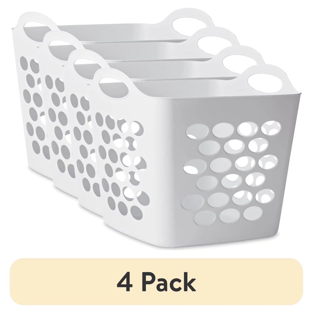 (4 pack)Plastic Laundry Hamper, Flexible Square, Breathable with Handles, White