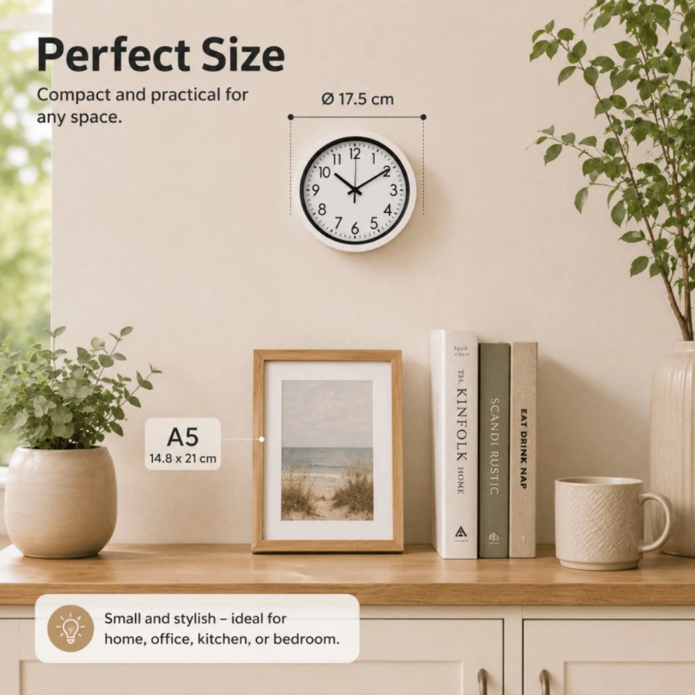 Silent White Wall Clock 17.5cm - Round Quartz Battery Operated Clock for Home Office Kitchen view 4
