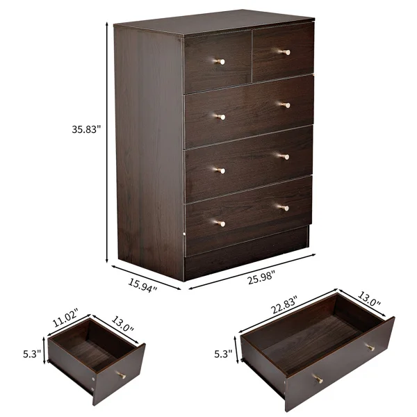 Brown particleboard with melamine laminate finish, 66*40*91cm, 3+2 drawers, chest of drawers with matte gold handles view 5