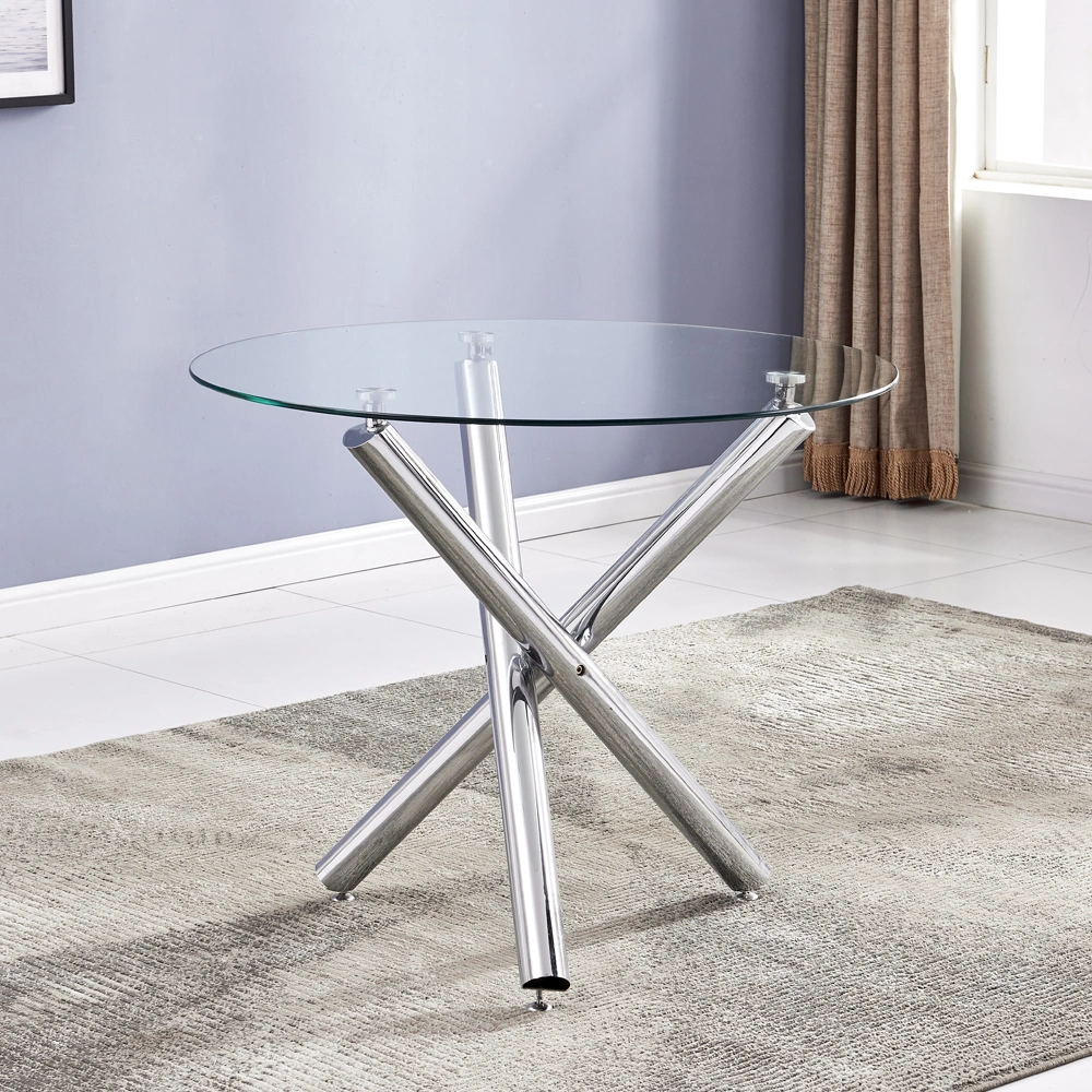 90*90*75cm Round Glass Dining Table Transparent Glass Table Leg Cross Design view 14